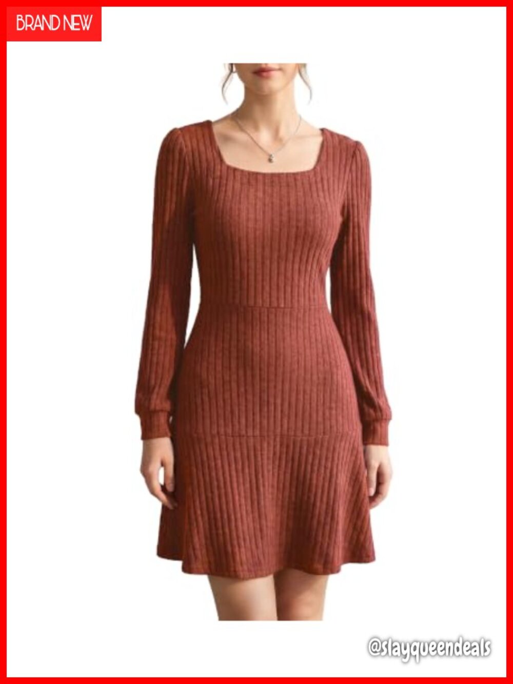Women's Knit Babydoll Sweater Dress Square Neck Long Sleeve Pockets